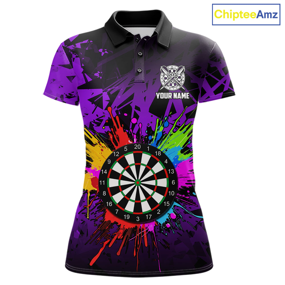 Purple funny dartboard darts shirt for women with colorful playful graphics and custom league style.