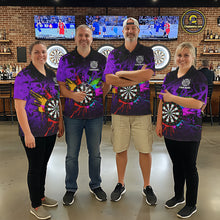Load image into Gallery viewer, Darts team wearing matching purple dartboard shirts for men during tournament matches front view.
