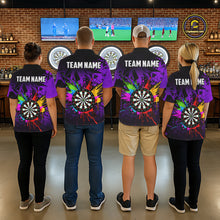 Load image into Gallery viewer, Back view of darts players wearing colorful purple jerseys during competitive league play.