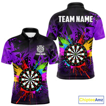 Load image into Gallery viewer, Purple darts polo shirt for men with dartboard design and vibrant casual team aesthetic.