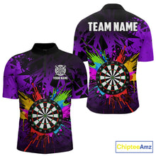 Load image into Gallery viewer, Purple funny dartboard quarter zip shirt for men built for darts tournaments and competitive play.