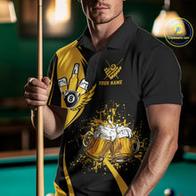 Load image into Gallery viewer, Man wearing a funny yellow black 8 ball billiard shirt during casual pool league play front view.
