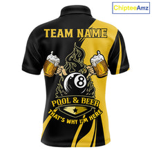 Load image into Gallery viewer, Funny yellow black pool shirt for men with 8 ball design and playful “that’s why I’m here” style.