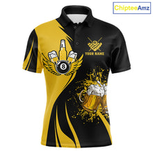 Load image into Gallery viewer, Yellow and black 8 ball billiard polo shirt for men with funny beer themed graphics and casual league style.
