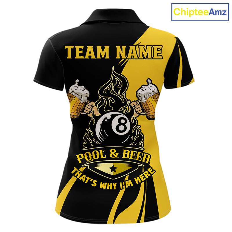 Funny yellow black pool shirt for women with 8 ball design and playful “that’s why I’m here” style.