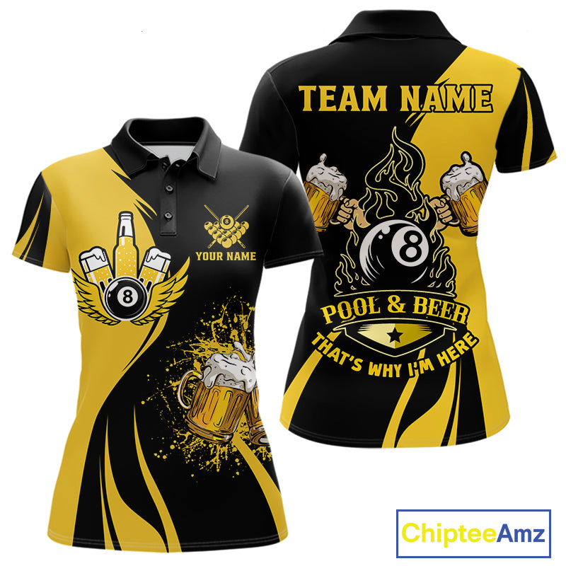 Yellow and black 8 ball billiard polo shirt for women with funny beer themed graphics and casual league style.