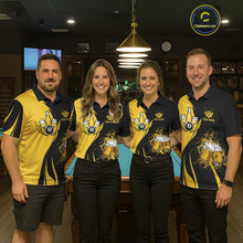 Load image into Gallery viewer, Pool team wearing matching yellow black billiard jerseys during league night matches front view.