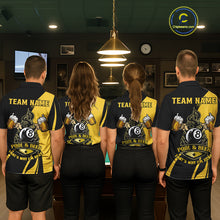Load image into Gallery viewer, Back view of pool players wearing funny beer themed billiard shirts during game night.