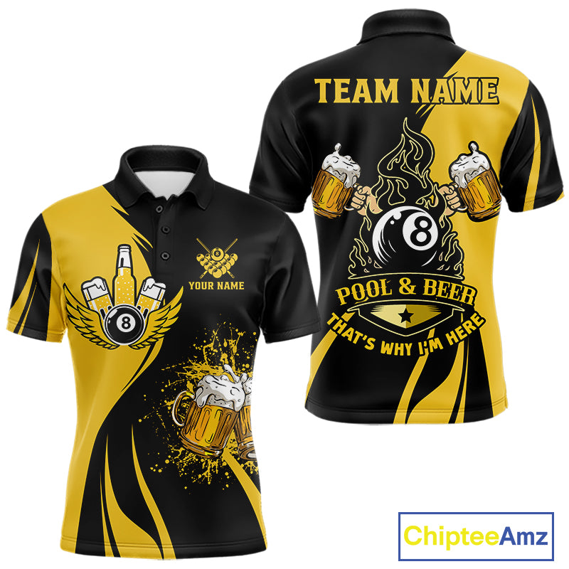 Yellow and black 8 ball billiard polo shirt for men with funny beer themed graphics and casual league style.
