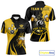 Load image into Gallery viewer, Yellow and black 8 ball billiard polo shirt for men with funny beer themed graphics and casual league style.