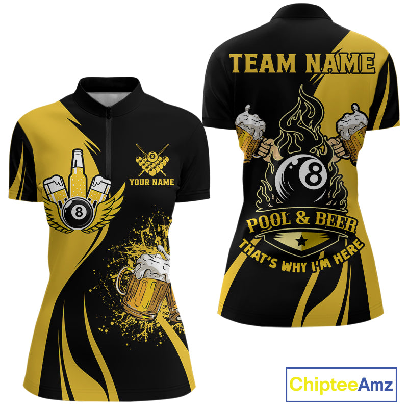 Yellow black 8 ball billiard quarter zip shirt for women built for casual tournaments and league nights.