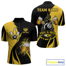 Load image into Gallery viewer, Yellow black 8 ball billiard quarter zip shirt for men built for casual tournaments and league nights.