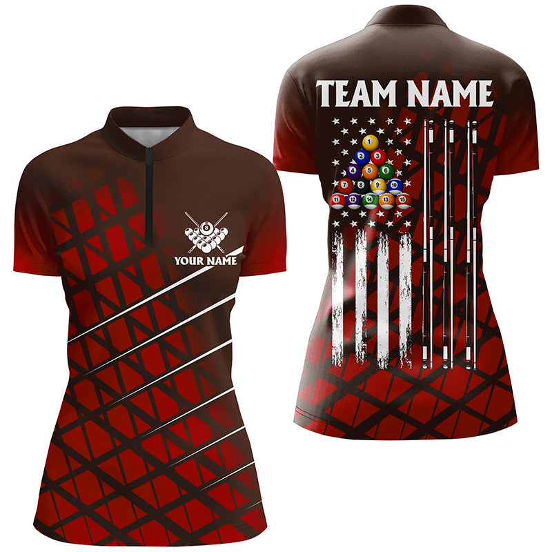 Personalized Red Grunge American Flag Women Billiard Shirt Custom Patriotic Pool Player Jersey Shirts TDM1946
