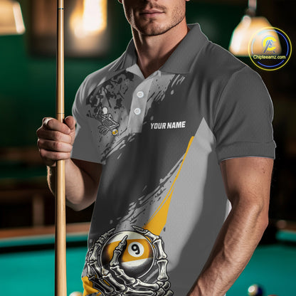 9 Ball Skeleton Custom Billiard Polo & 1/4 Zip Shirts For Men, Funny 9 Ball Pool Billiard Jerseys TDM2417