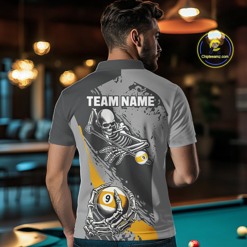 9 Ball Skeleton Custom Billiard Polo & 1/4 Zip Shirts For Men, Funny 9 Ball Pool Billiard Jerseys TDM2417