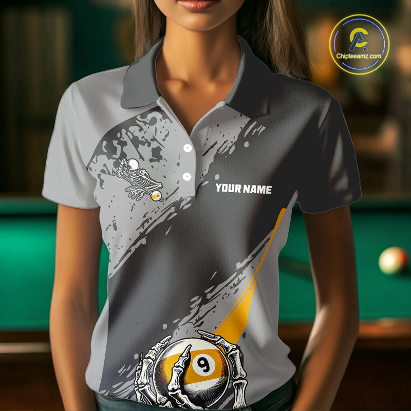 9 Ball Skeleton Custom Billiard Polo & 1/4 Zip Shirts For Women, Funny 9 Ball Pool Billiard Jerseys TDM2417