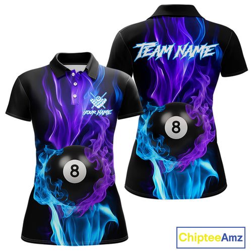 Purple Blue Flaming Smoke 8 Ball Billiard Shirts For Women, Pool Team Shirts Custom Billiard Jersey TDM5141