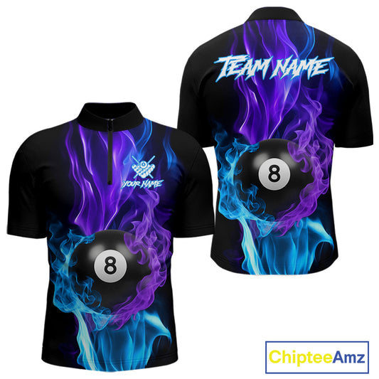 Purple Blue Flaming Smoke 8 Ball Billiard Shirts For Men, Pool Team Shirts Custom Billiard Jersey TDM5141