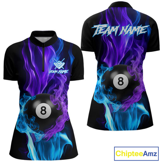 Purple Blue Flaming Smoke 8 Ball Billiard Shirts For Women, Pool Team Shirts Custom Billiard Jersey TDM5141