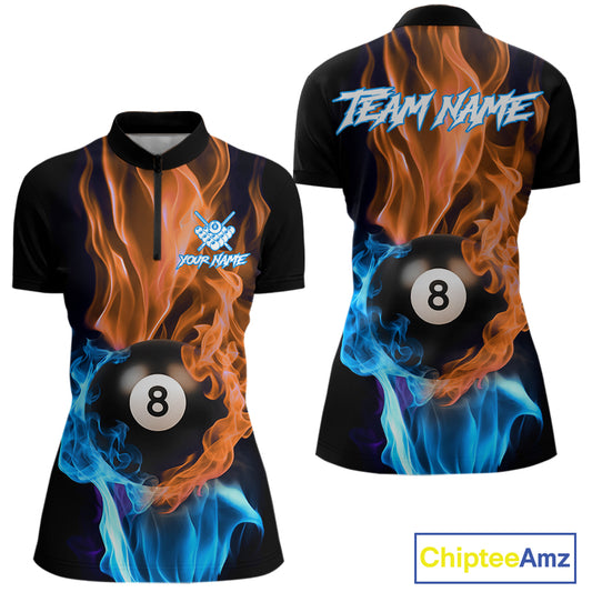 Blue And Orange Flaming Smoke 8 Ball Women's Billiard Shirt, Pool Team Shirts Custom Billiard Jersey TDM5142
