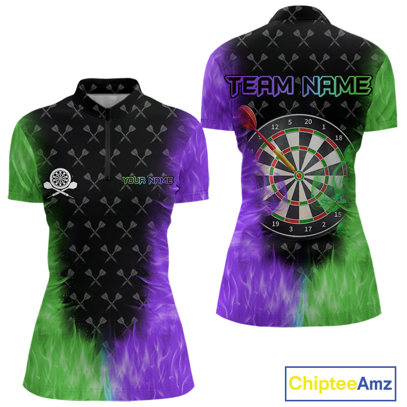 Green And Purple Flame Womens Dart Shirts Custom Dart Jersey Polo & 1/4 Zip, Gifts For Dart Players TDM5145