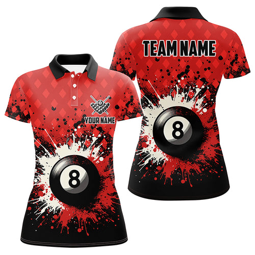 Personalized Red Grunge 8 Ball Pool Women Billiards Polo Shirts Custom Billiard Team Jerseys Uniform TDM1183