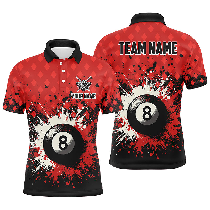 Personalized Red Grunge 8 Ball Pool Men Billiards Polo Shirts Custom Billiard Team Jerseys Uniform TDM1183