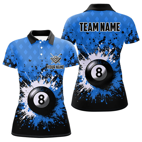 Personalized Blue Grunge 8 Ball Pool Women Billiards Polo Shirts Custom Billiard Team Jerseys Uniform TDM1184