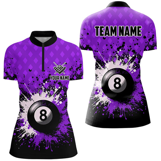 Personalized Purple Grunge 8 Ball Pool Women Quarter-Zip Shirts, Billiard Team Jersey Uniform TDM1185