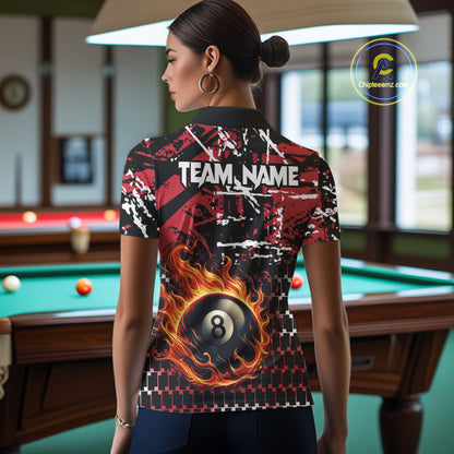 Grunge Black And Red Flaming 8 Ball Pool Women's Billiard Shirts Custom Billiard Jerseys Team Shirts TDM3833