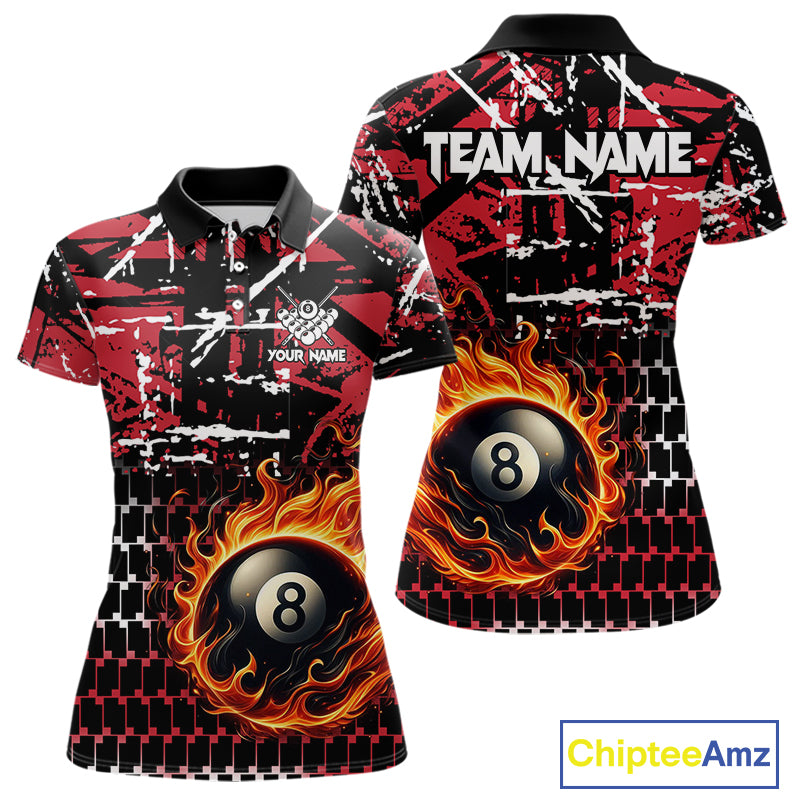 Grunge Black And Red Flaming 8 Ball Pool Women's Billiard Shirts Custom Billiard Jerseys Team Shirts TDM3833