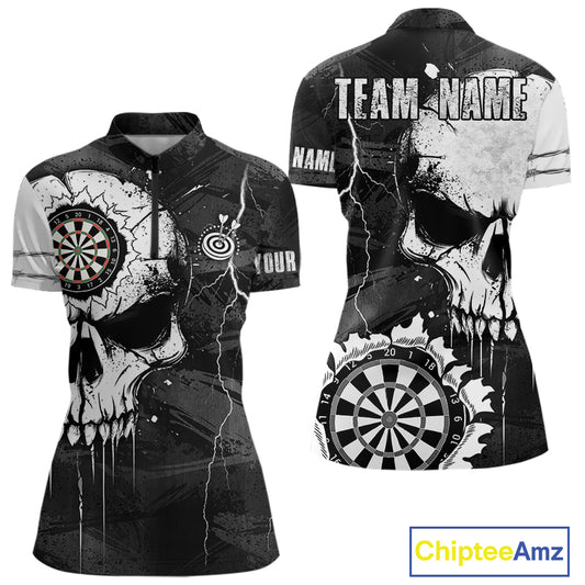 Custom Black And White Grunge Skull Dart Shirts For Women | Team Darts Jerseys - Polo & Quarter Zip TDM3955