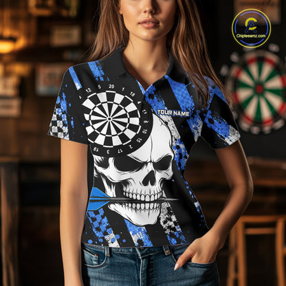 Woman wearing a blue camo skull darts jersey at a darts venue front view.