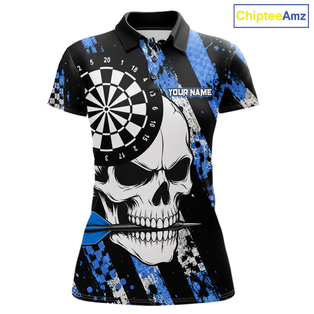 Blue camo stripes skull darts polo shirt for women with custom league team graphics.