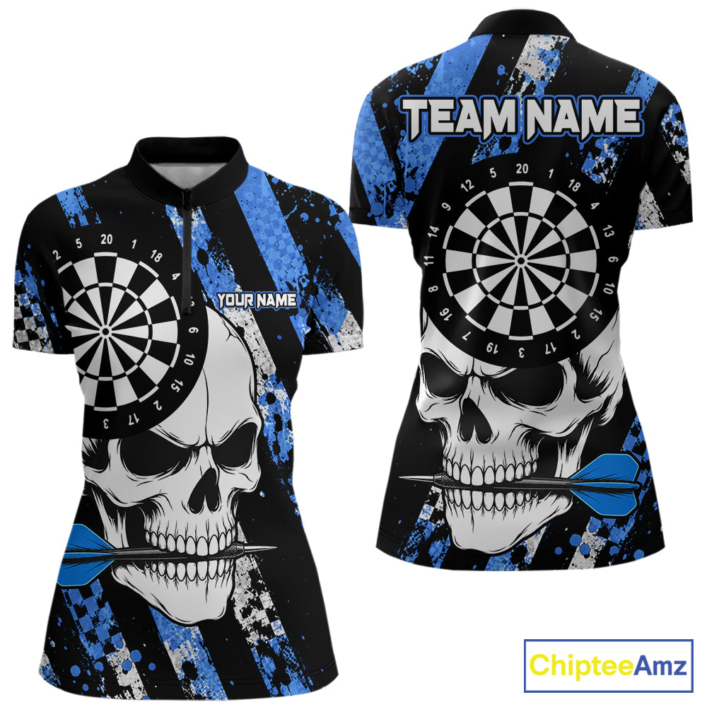 Blue camo stripes skull darts quarter zip shirt for women built for league tournaments and team events.