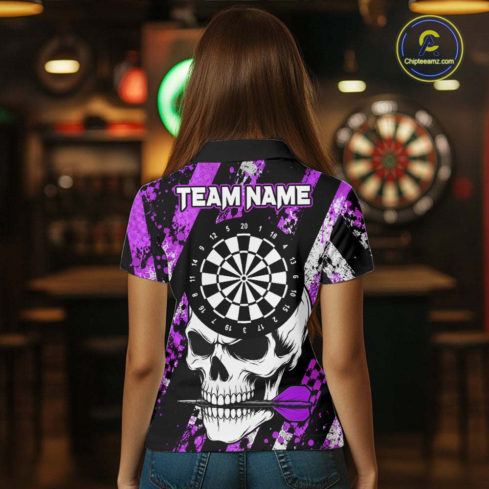 Back view of woman wearing a purple camo skull darts shirt during league play.