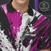 Load image into Gallery viewer, Close-up of a pink splatter bowling polo shirt collar, buttons, and bowling pin artwork.