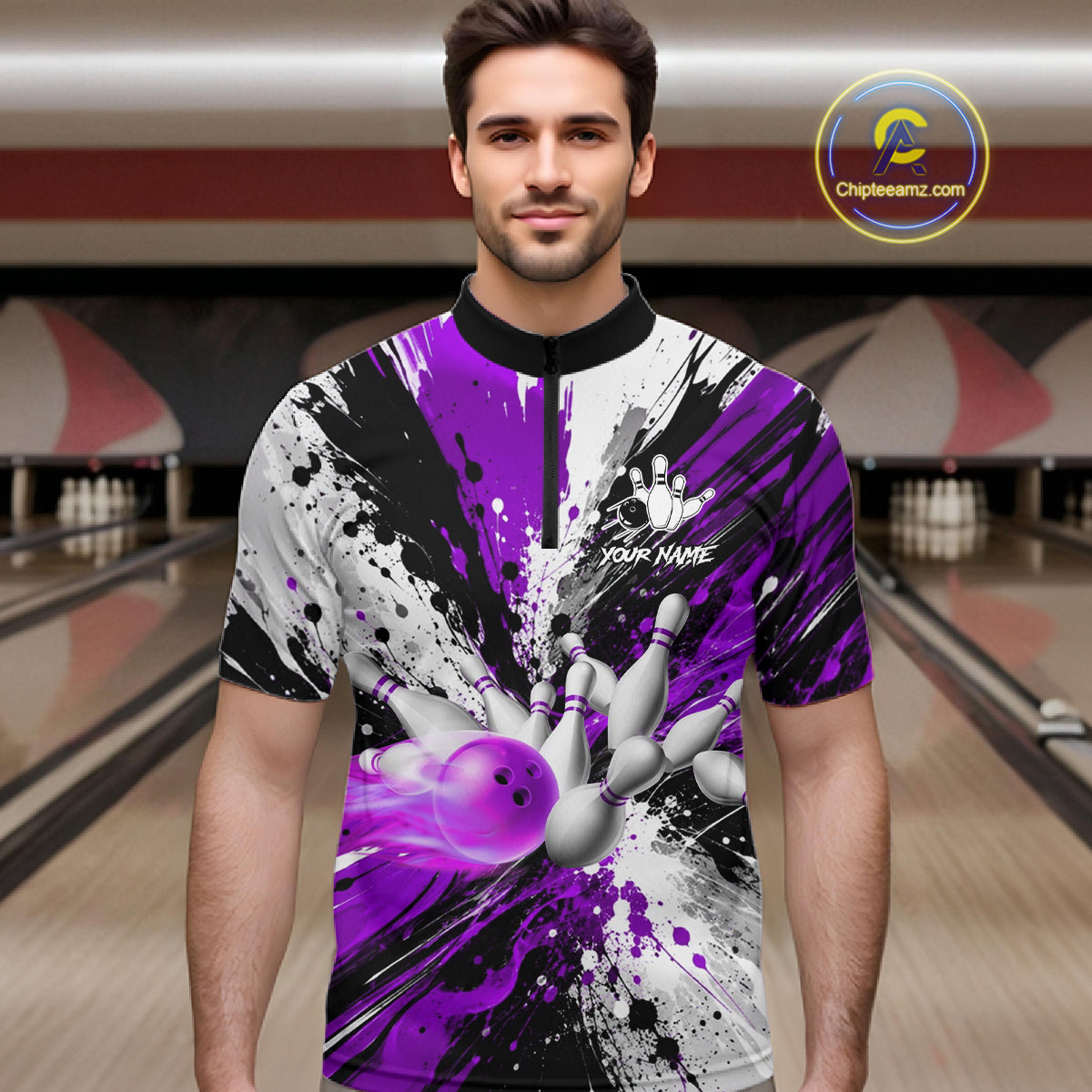 Man wearing a purple splatter bowling quarter zip jersey during league competition front view.