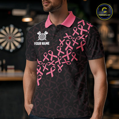 Man Wearing Pink Ribbons American Flag Breast Cancer Awareness Darts Polo Shirt with Athletic Performance Fit and Patriotic Graphic Artwork, Front View