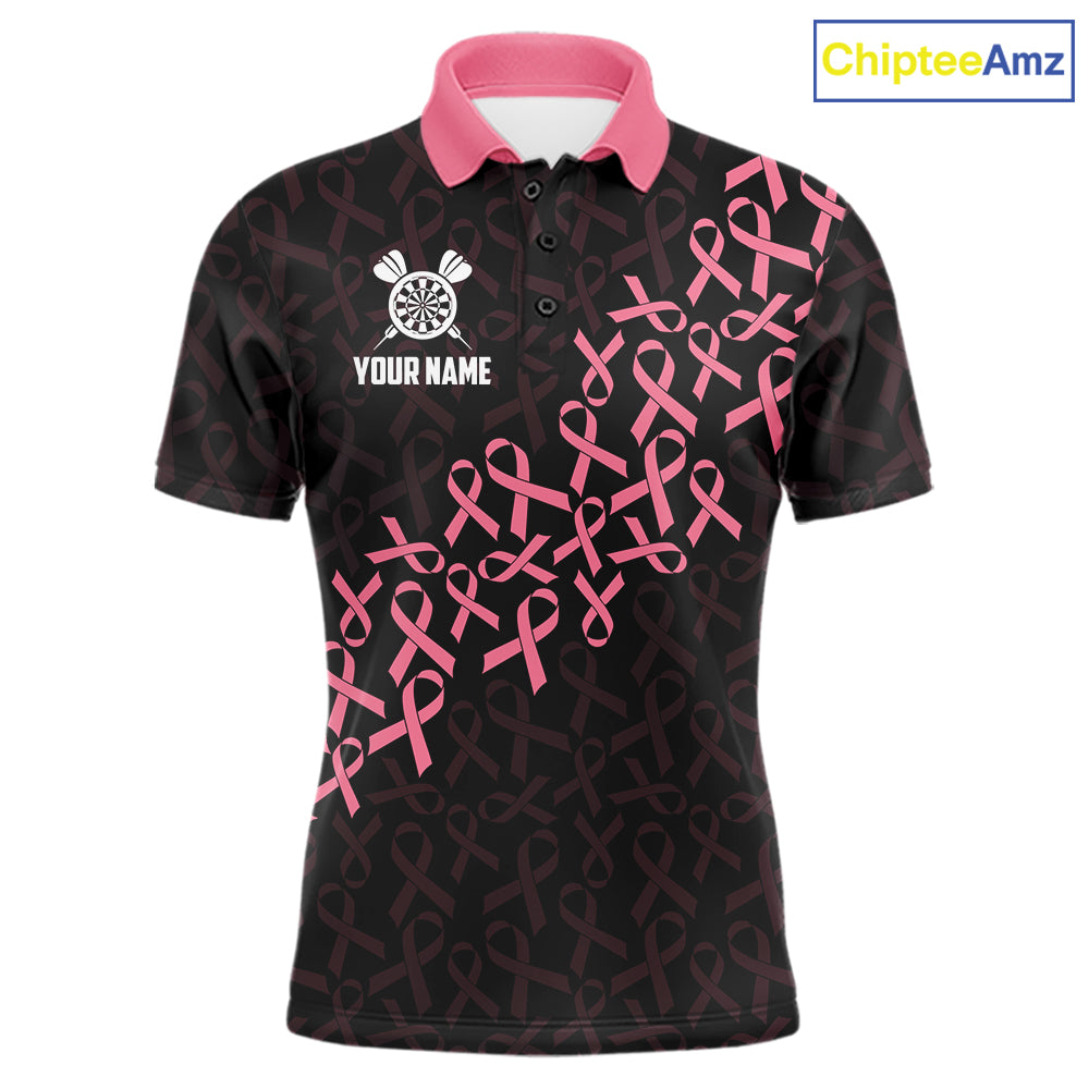 Pink Ribbons American Flag Breast Cancer Awareness Darts Polo Shirt for Men Featuring Patriotic Pink Ribbon Artwork for Dart League Players, Team Competition, and Awareness Tournaments