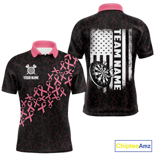 Pink Ribbons American Flag Breast Cancer Awareness Darts Polo Shirt for Men Featuring Patriotic Pink Ribbon Artwork for Dart League Players, Team Competition, and Awareness Tournaments
