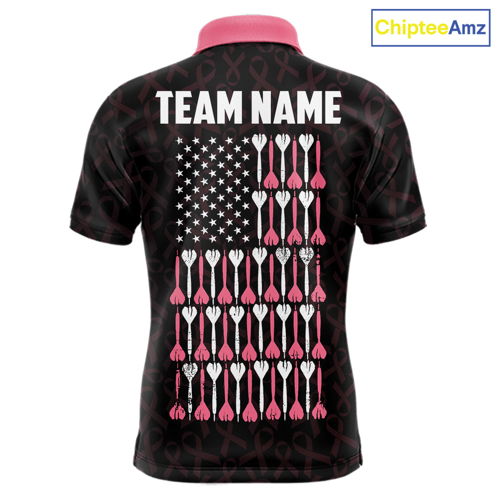 Custom Pink Ribbons Patriotic American Flag Darts Polo Shirt for Men Designed for Personalized Darts Team Jerseys with Premium Athletic Performance and Meaningful Breast Cancer Awareness Graphics