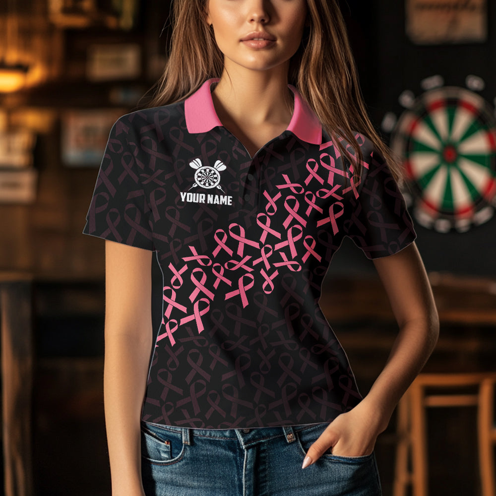 Woman Wearing Pink Ribbons Patriotic American Flag Breast Cancer Awareness Darts Polo Shirt with Athletic Performance Fit, Front View