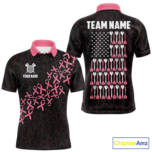 Pink Ribbons Patriotic American Flag Breast Cancer Awareness Darts Polo Shirt for Men Featuring Inspirational Pink Ribbon Artwork for Dart League Players, Team Competition, and Awareness Events