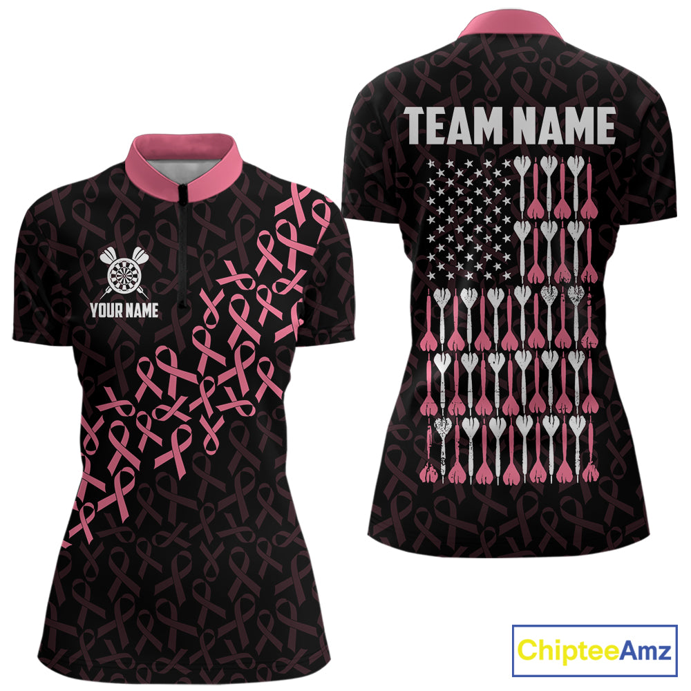 Pink Ribbons Patriotic American Flag Breast Cancer Awareness Quarter Zip Darts Shirt for Women Created for Competitive Dart League Teams with Performance Fabric and Tournament Ready Comfort