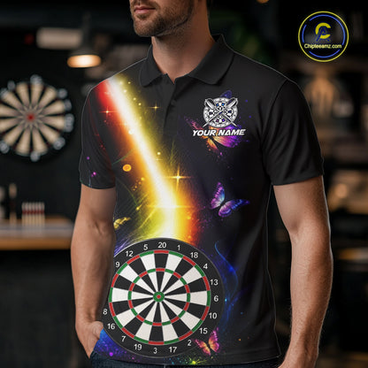 Man Wearing Personalized Glowing Light Butterfly Darts Polo Shirt with Athletic Performance Fit and Vibrant Butterfly Graphic Artwork, Front View