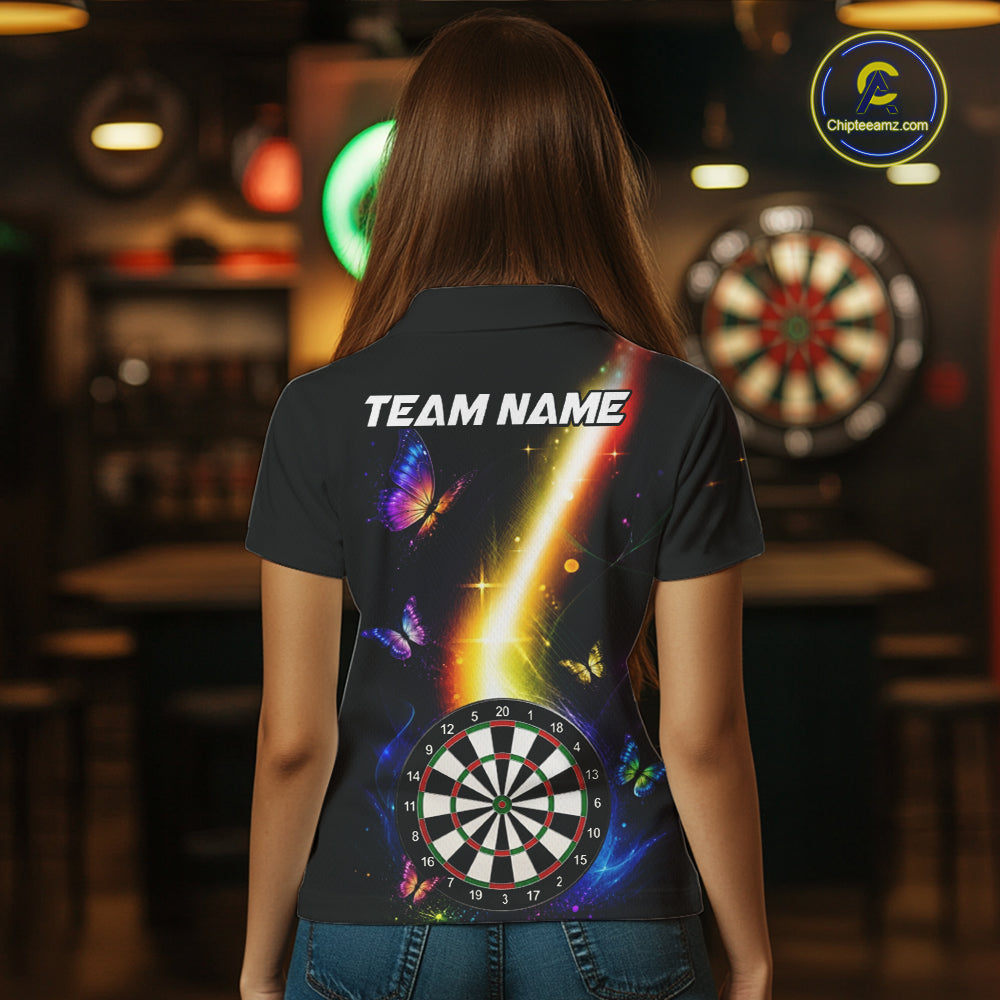 Woman Wearing Personalized Glowing Light Butterfly Custom Darts Team Jersey Featuring the Complete Rear Graphic Design, Back View