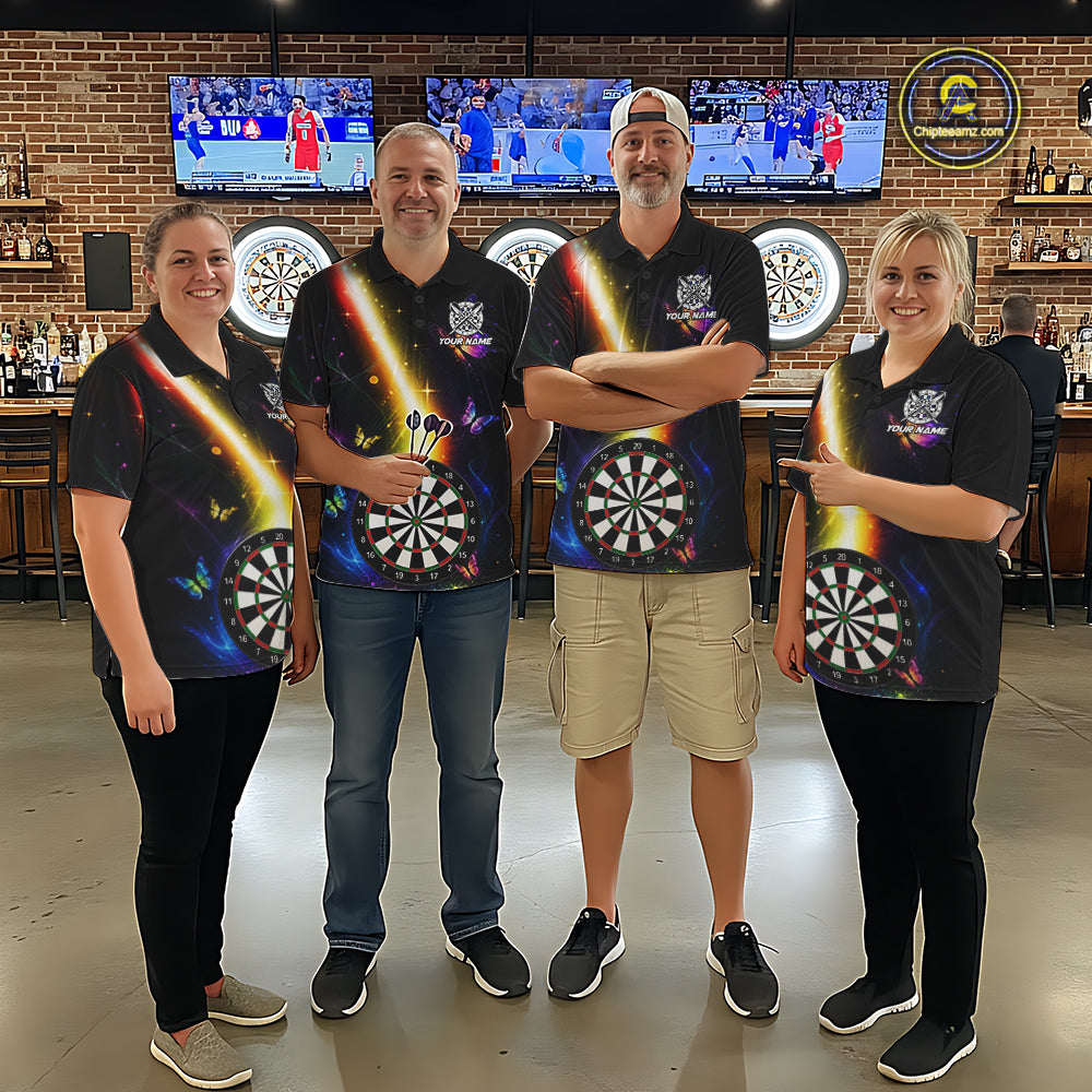 Dart Team Wearing Personalized Glowing Light Butterfly Darts Jerseys During League Competition and Tournament Matches, Front View