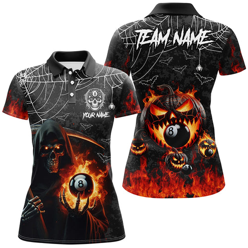 Death Skeleton With Pumpkin Fire Custom Billiard Shirts For Women, Halloween Flame Billiard Shirts TDM2427