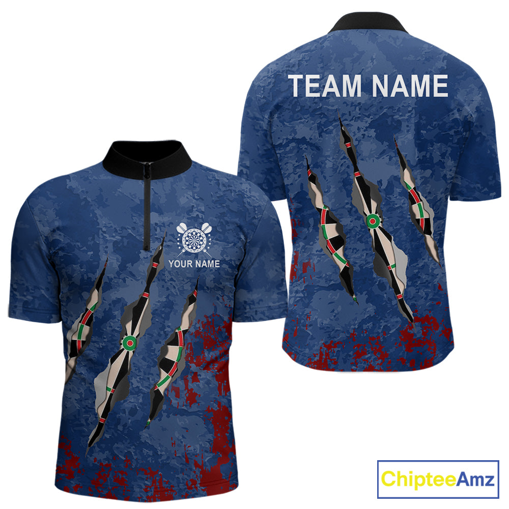 Custom Blue Red Grunge Dart Shirts With Pocket Option For Men, Darts Jersey TDM5372